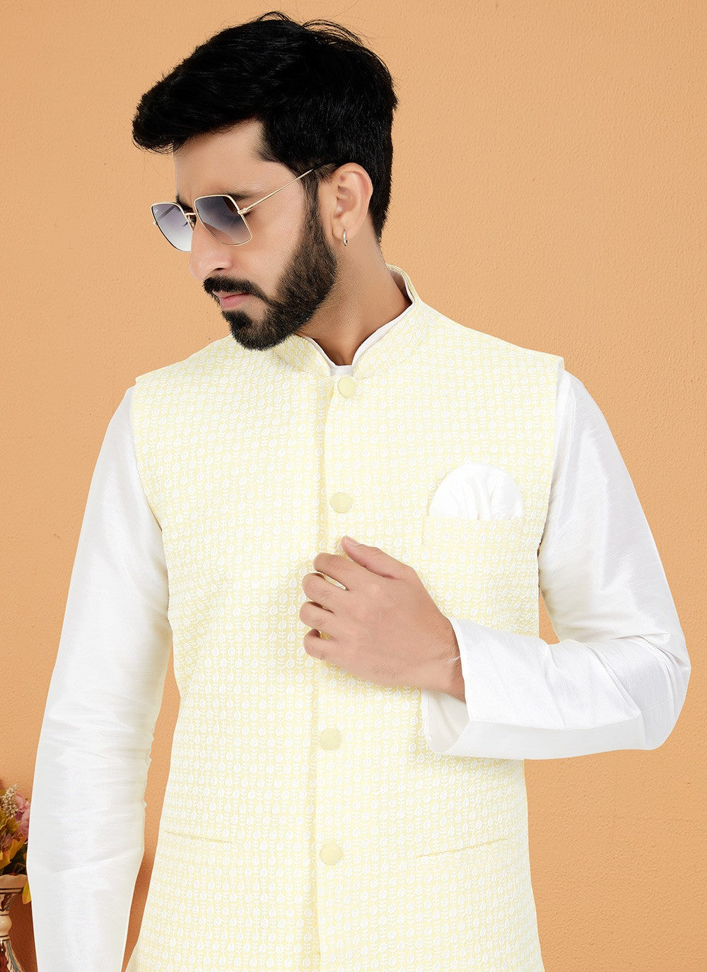 Resham Thread Work Dupion Silk, Viscose White, Yellow Kurta Payjama With Jacket - M5467