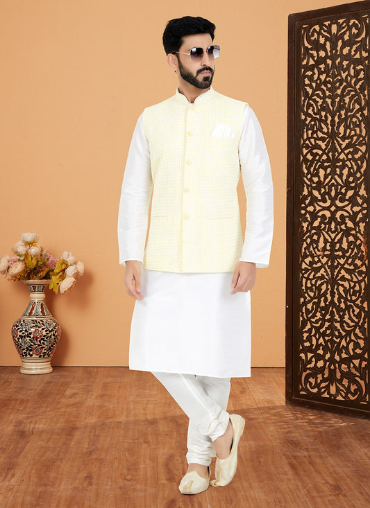 Resham Thread Work Dupion Silk, Viscose White, Yellow Kurta Payjama With Jacket - M5467