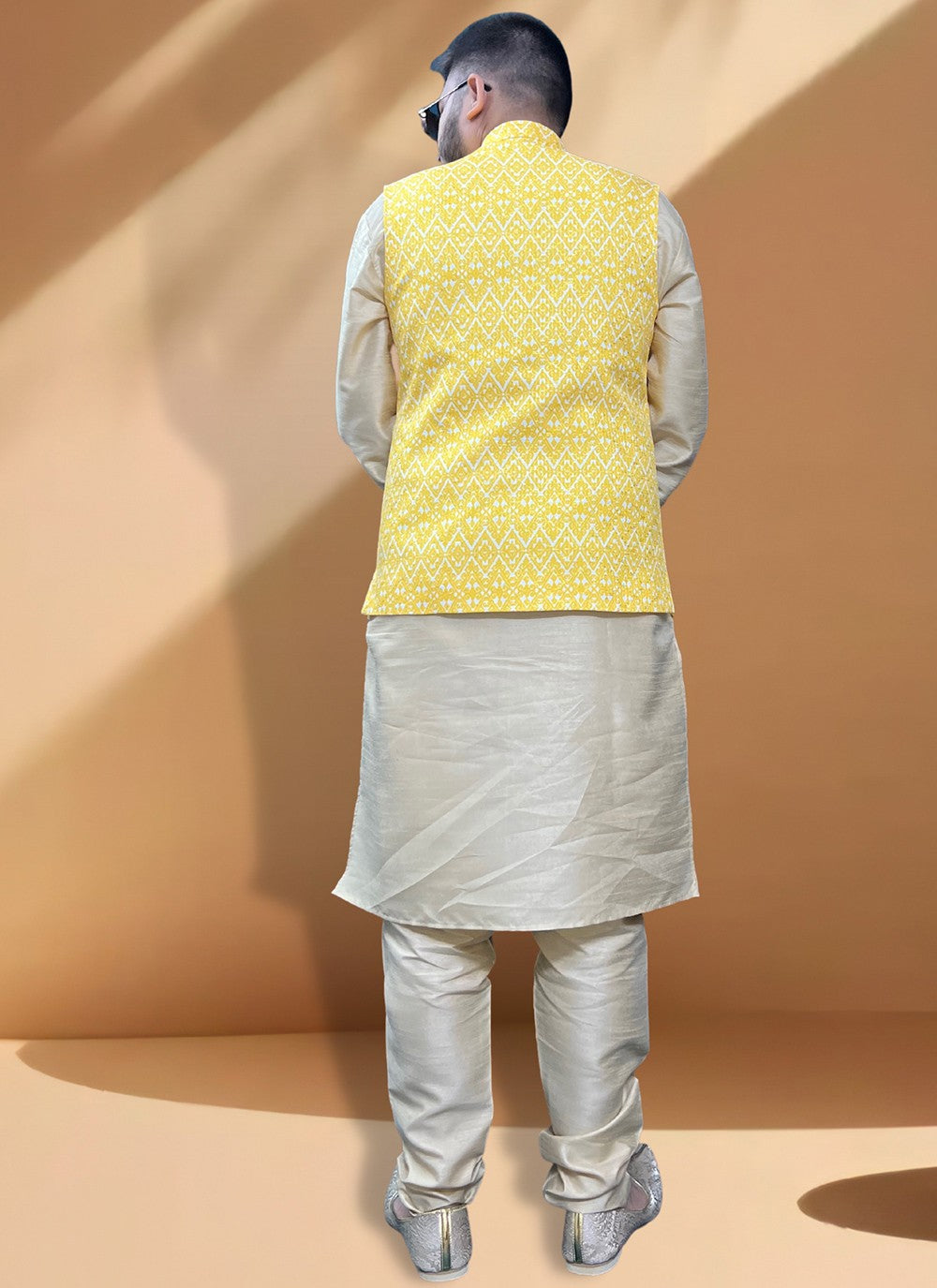 Embroidered Cotton , Silk Gold, Yellow Kurta Payjama With Jacket - M5392