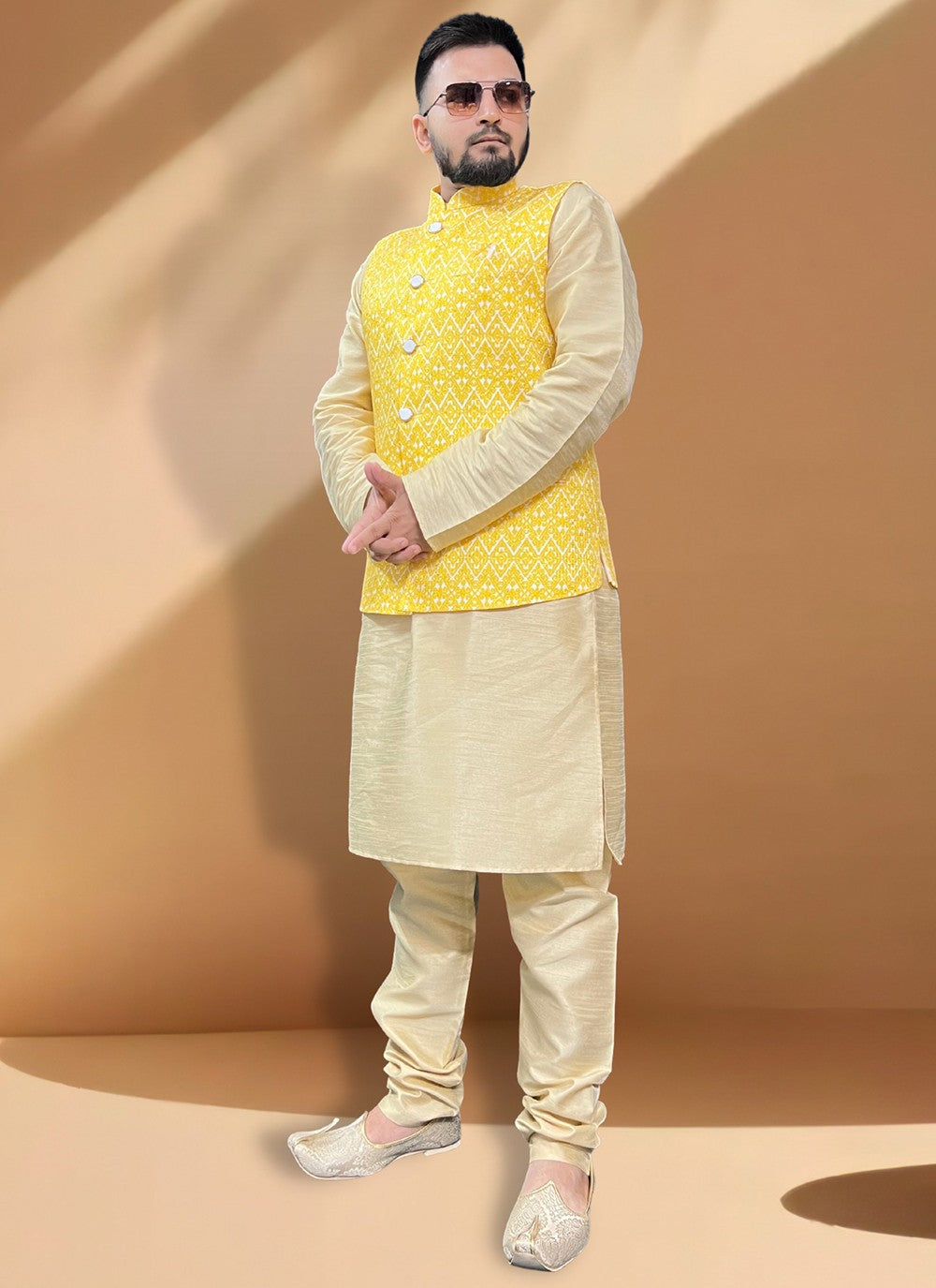 Embroidered Cotton , Silk Gold, Yellow Kurta Payjama With Jacket - M5392