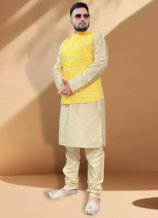 Embroidered Cotton , Silk Gold, Yellow Kurta Payjama With Jacket - M5392