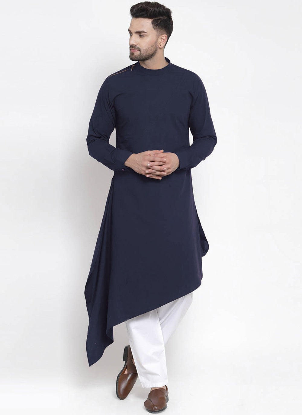 Plain Blended Cotton Navy Blue Kurta - M4564