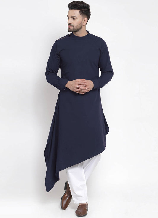 Plain Blended Cotton Navy Blue Kurta - M4564