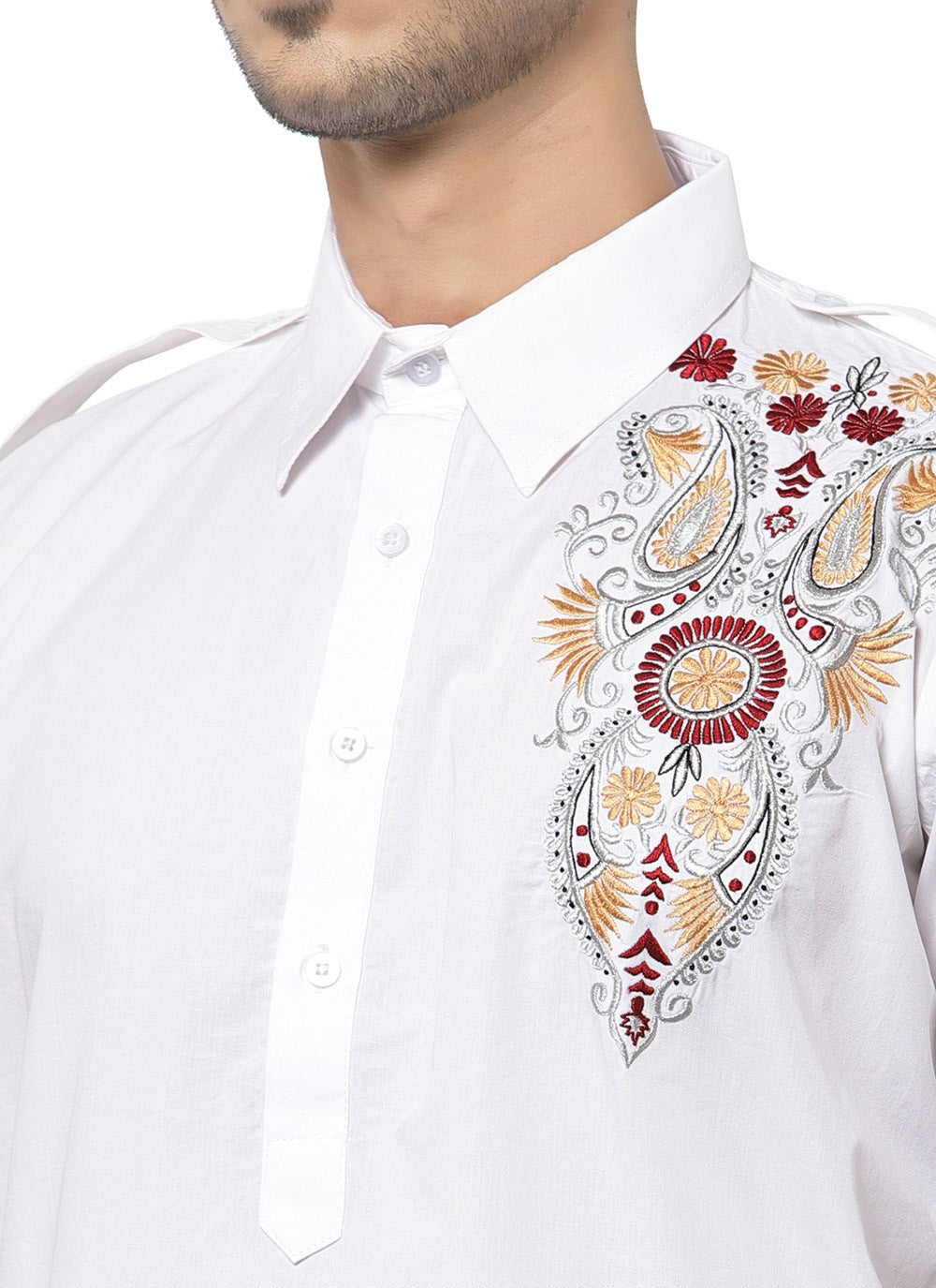 Embroidered Cotton Off White Kurta Pyjama - M3195