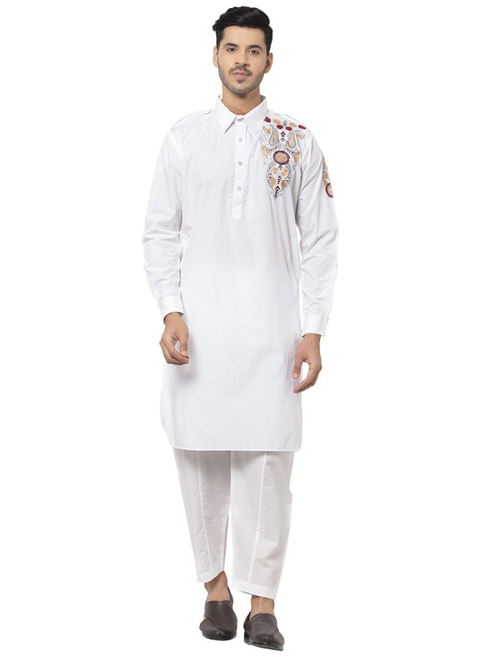 Embroidered Cotton Off White Kurta Pyjama - M3195