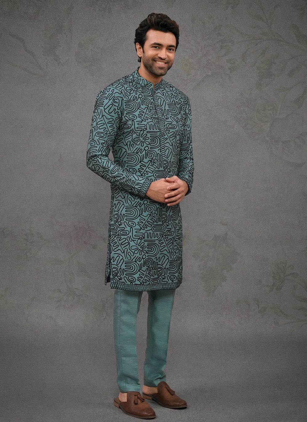 Embroidered Silk Teal Kurta Pyjama - M8385