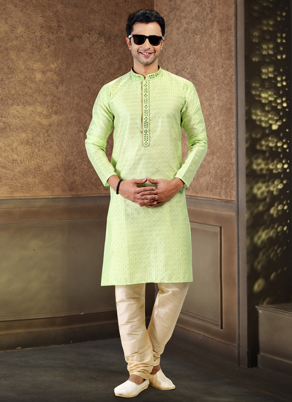Fancy Work Art Silk, Jacquard Green Kurta Pyjama - M4871