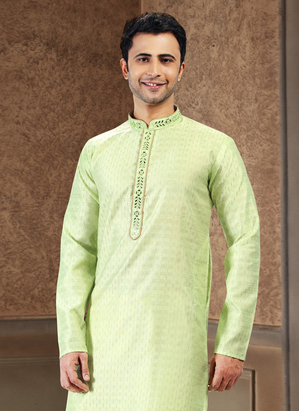 Fancy Work Art Silk, Jacquard Green Kurta Pyjama - M4871