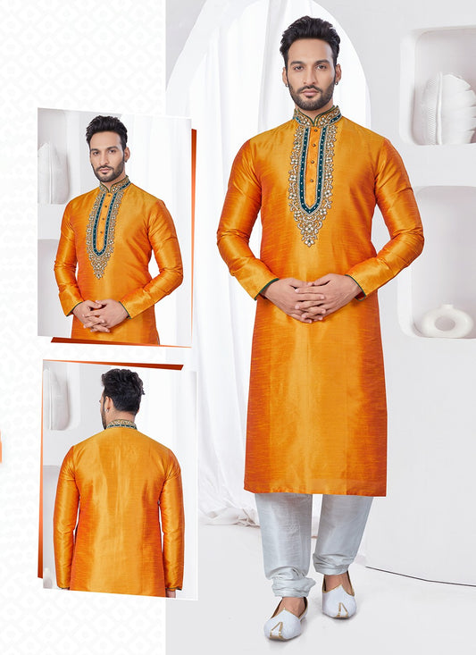Machine Embroidery Art Silk Yellow Kurta Pyjama - M7553