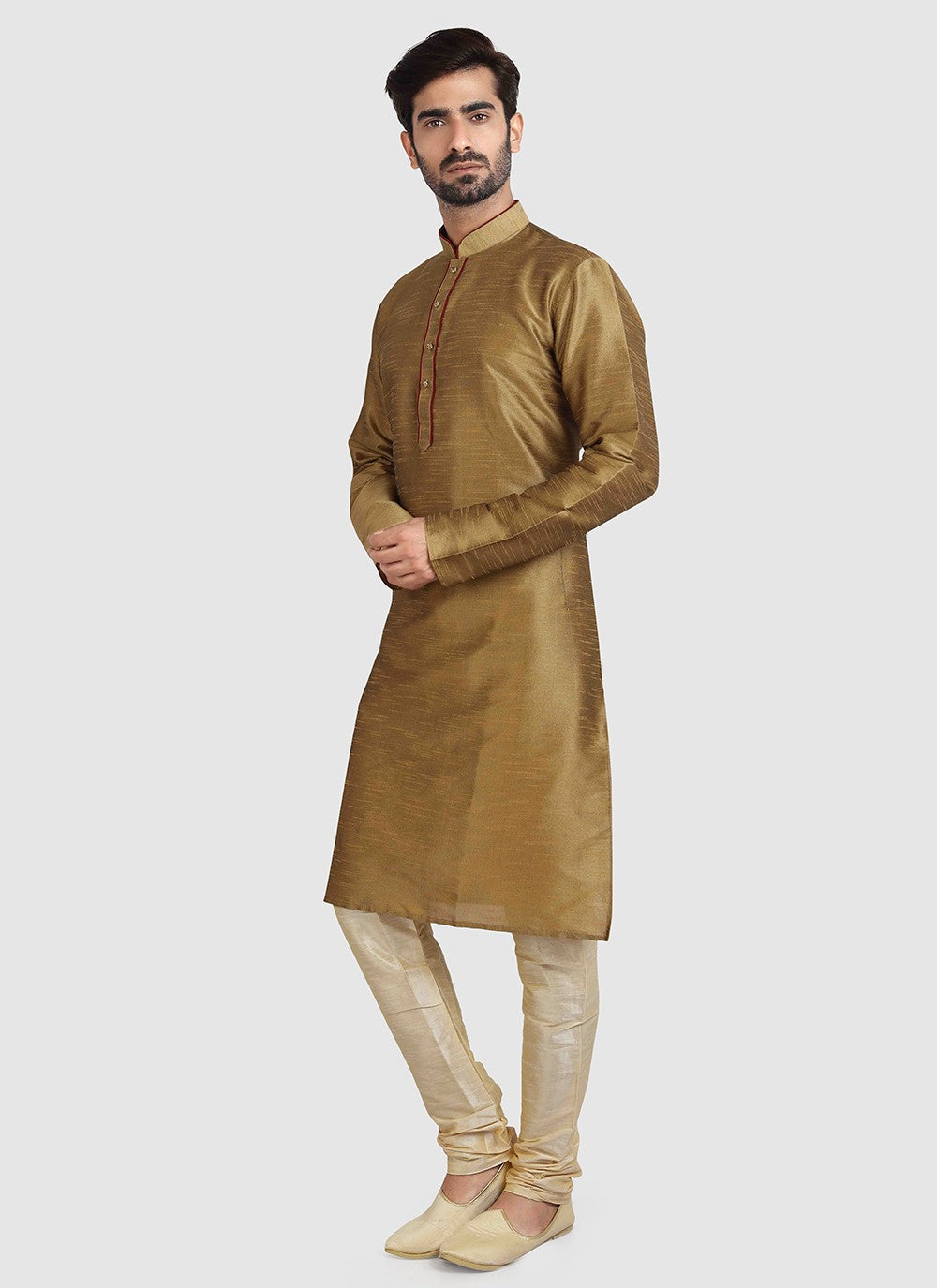 Plain Art Silk Beige Kurta Pyjama - M3423