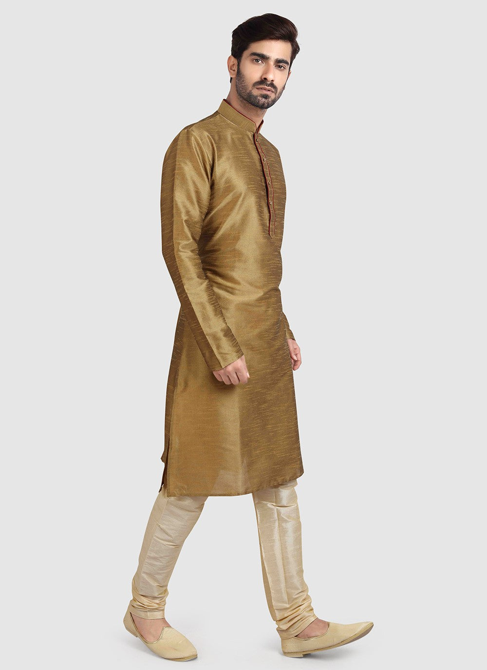 Plain Art Silk Beige Kurta Pyjama - M3423