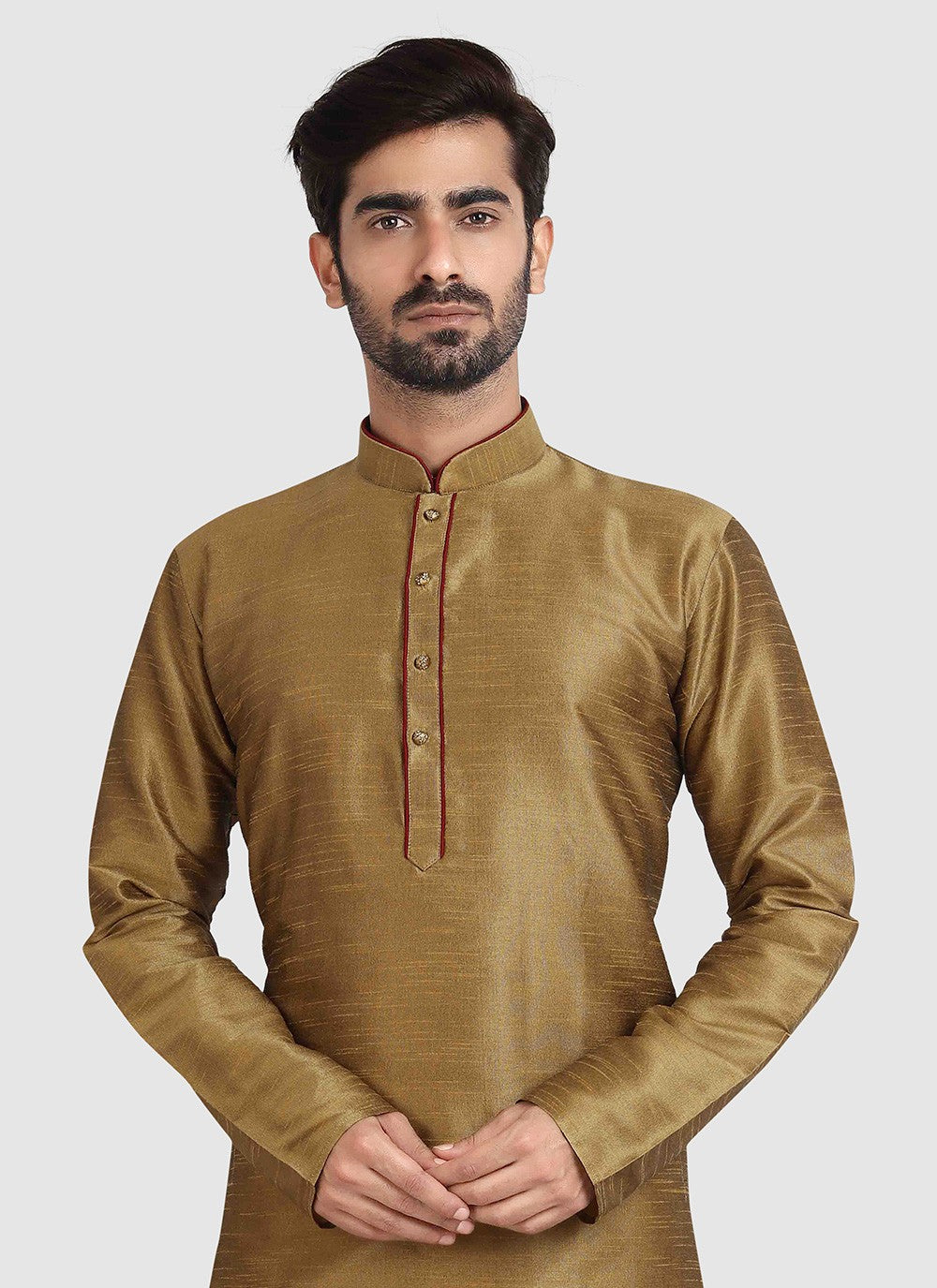 Plain Art Silk Beige Kurta Pyjama - M3423