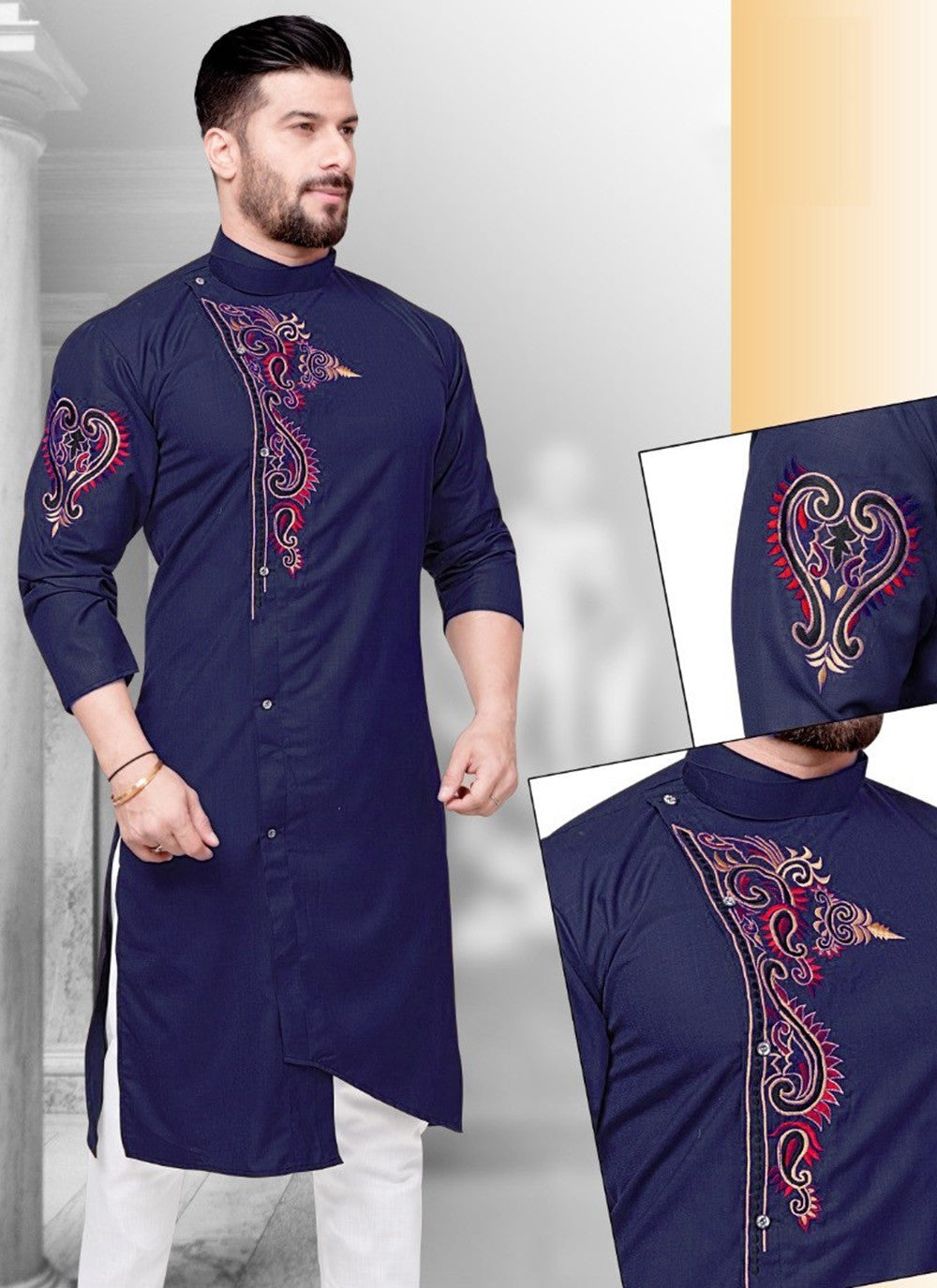 Resham Cotton Navy Blue Kurta - M2256