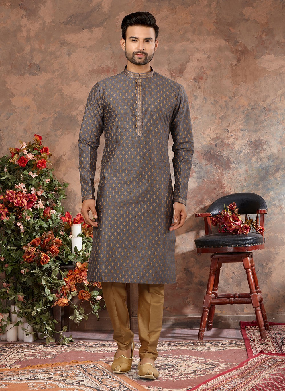 Digital Print Silk Grey Kurta - M5615