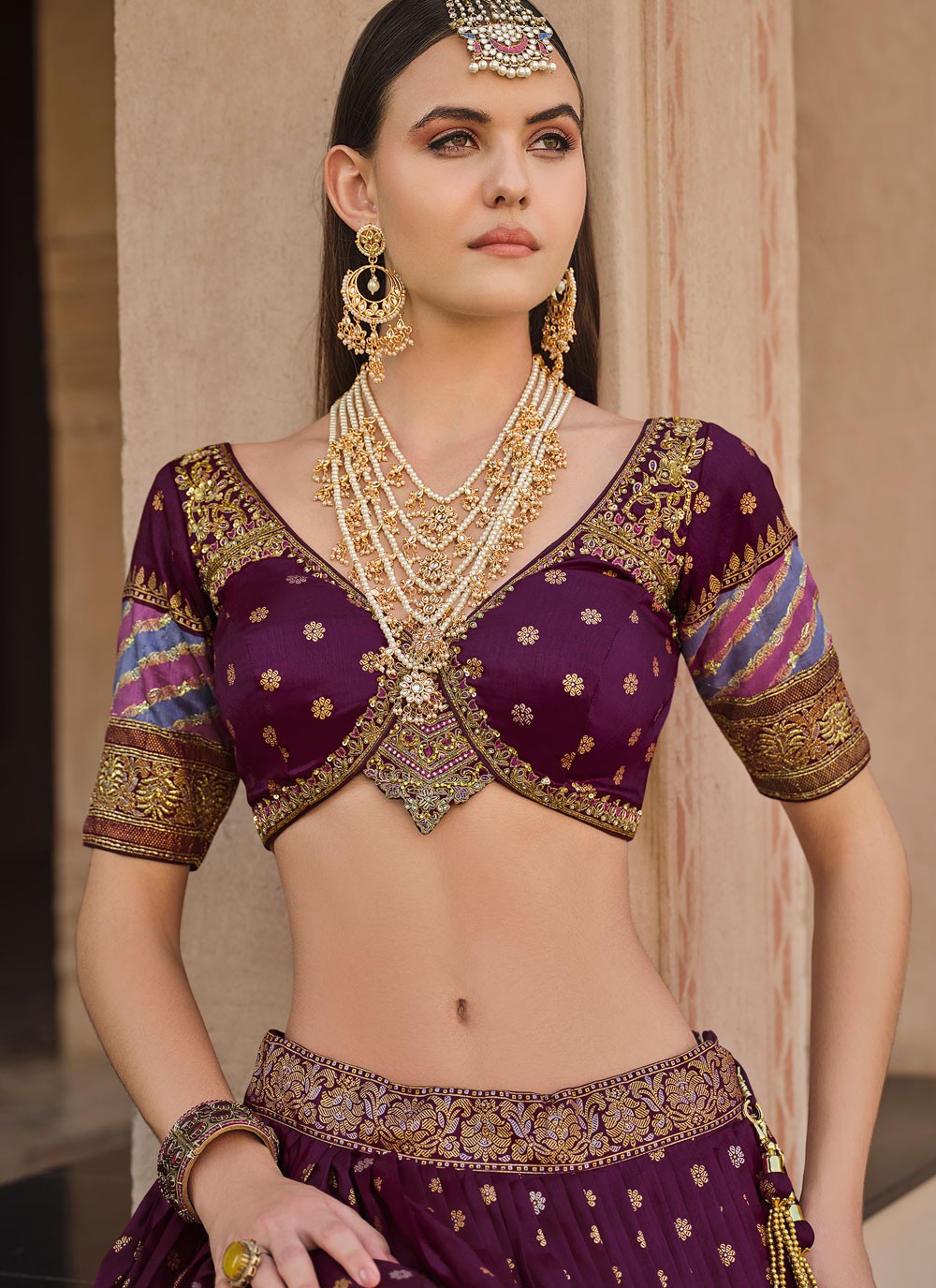 Foliage Prints Silk Burgundy Lehenga - L3234