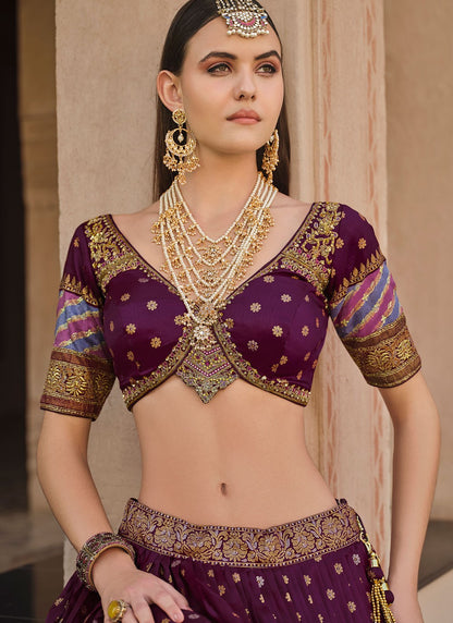 Foliage Prints Silk Burgundy Lehenga - L3234