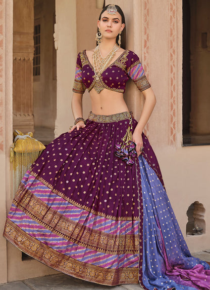 Foliage Prints Silk Burgundy Lehenga - L3234