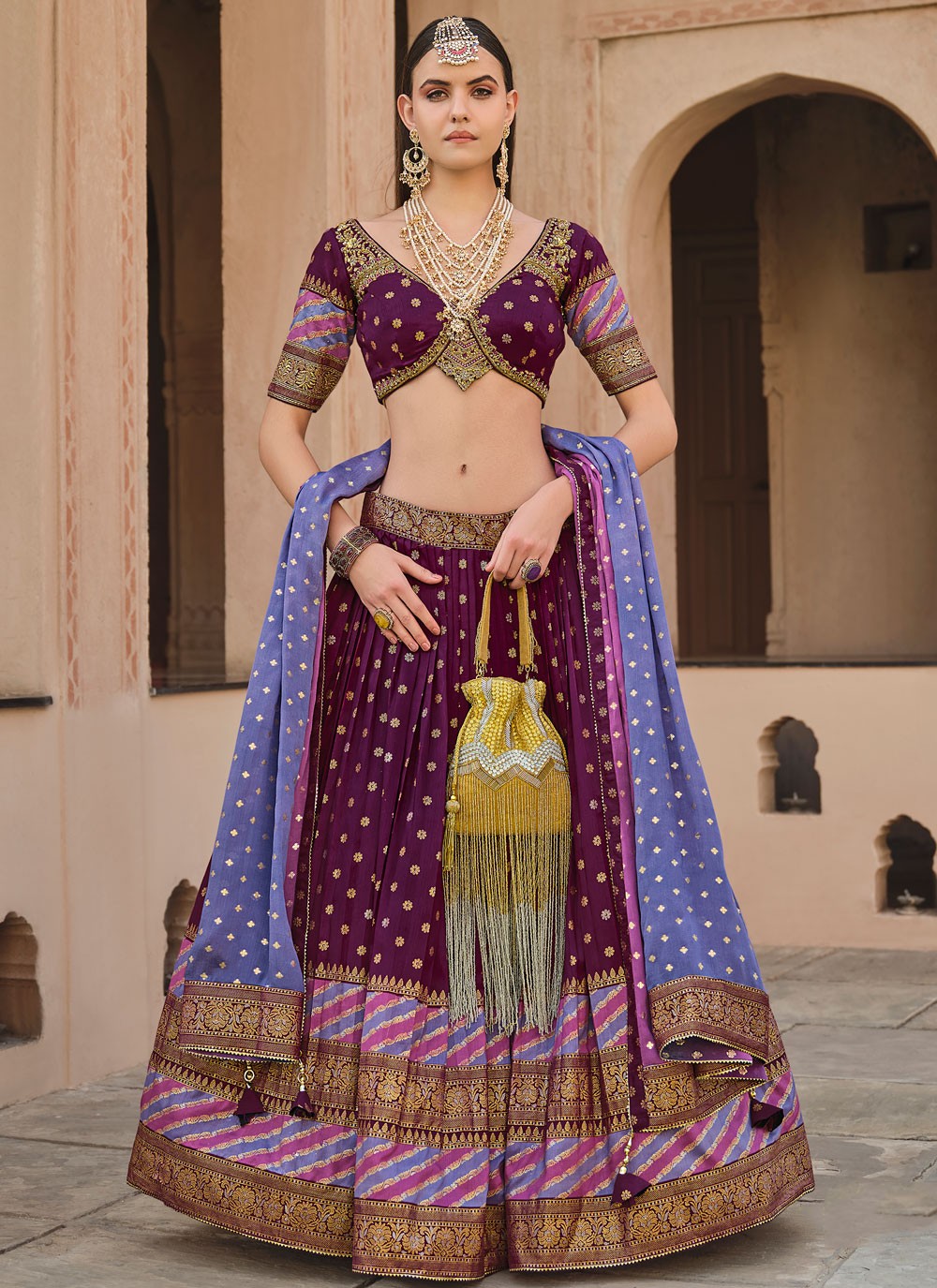 Foliage Prints Silk Burgundy Lehenga - L3234