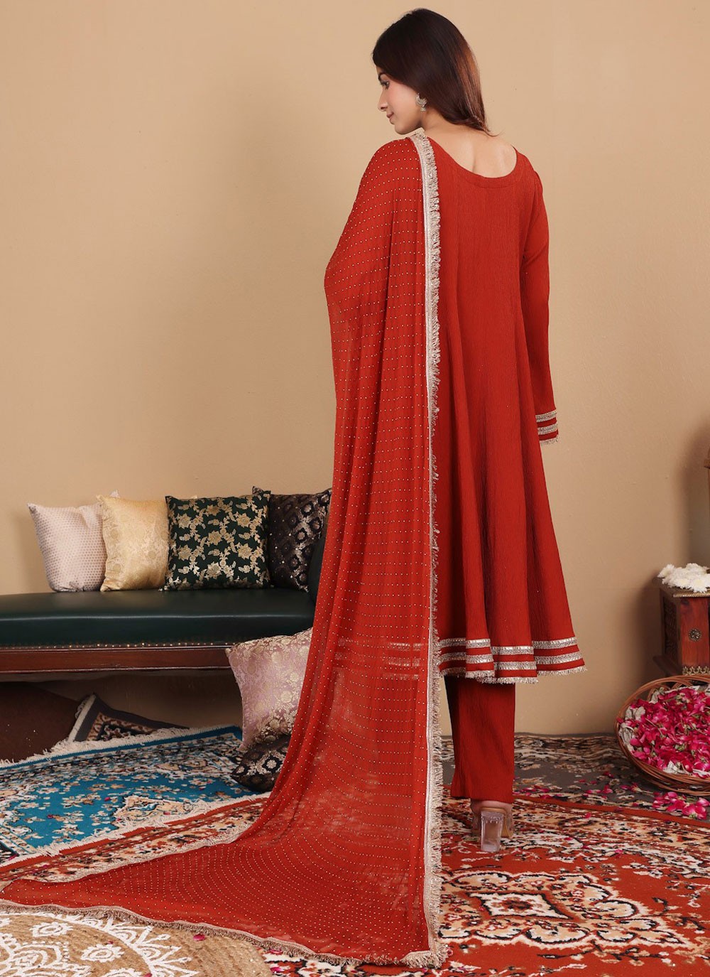 Salwar Suit Lace Crimson, Red Crepe Silk T5540