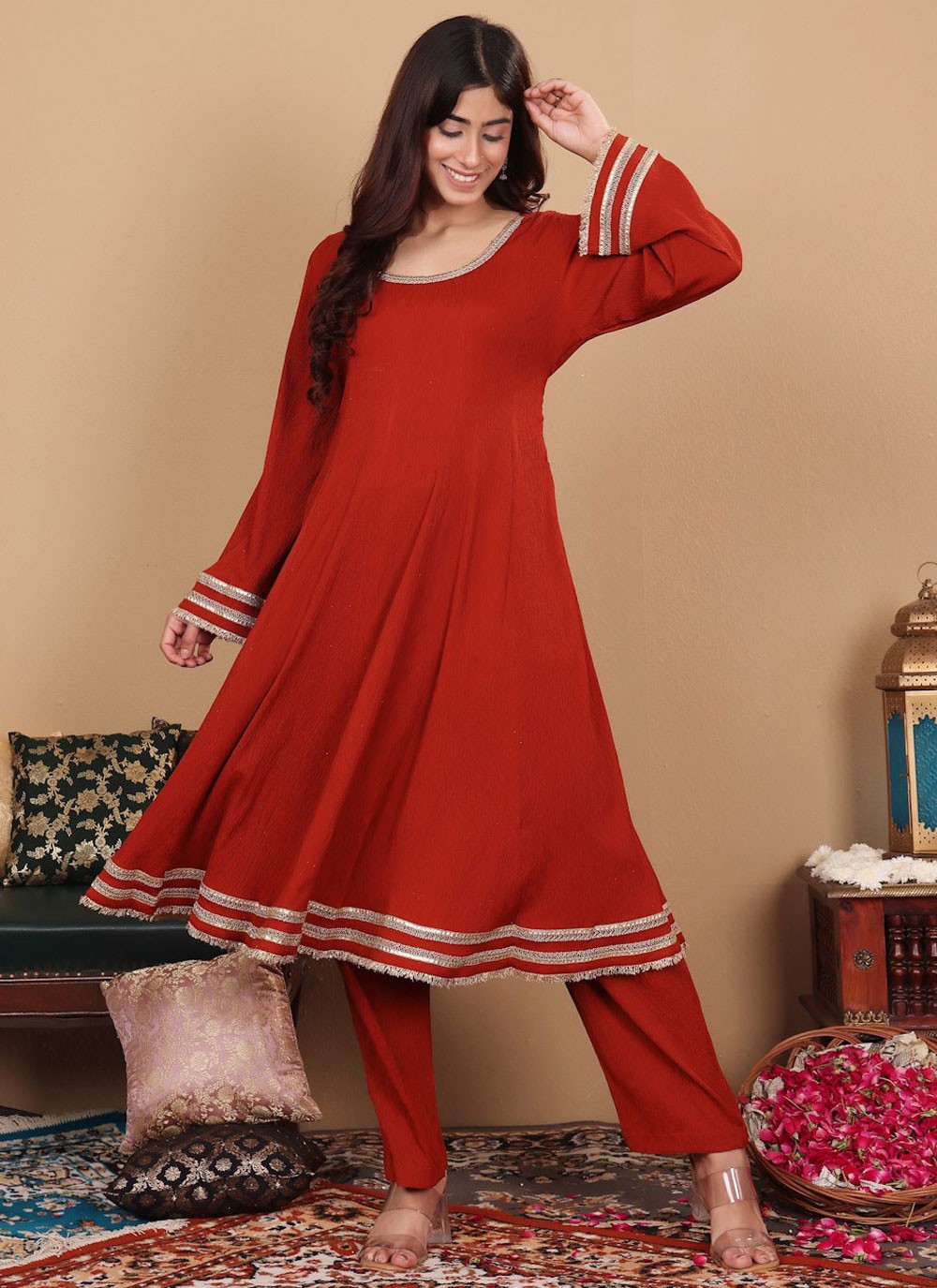 Salwar Suit Lace Crimson, Red Crepe Silk T5540