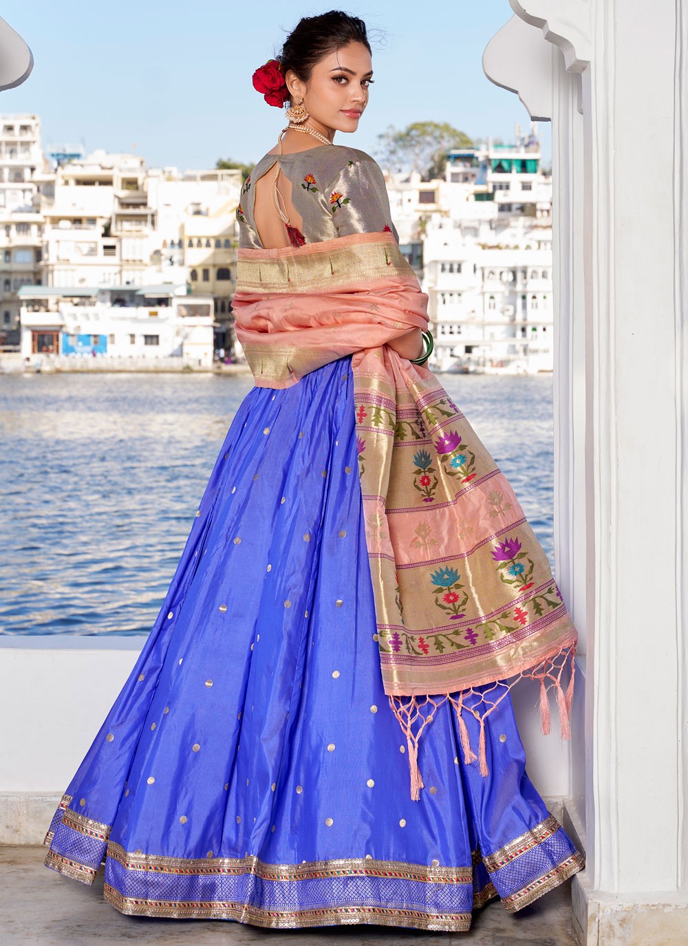 Lace Jacquard Silk Blue Lehenga - L3393