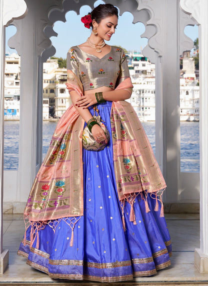 Lace Jacquard Silk Blue Lehenga - L3393