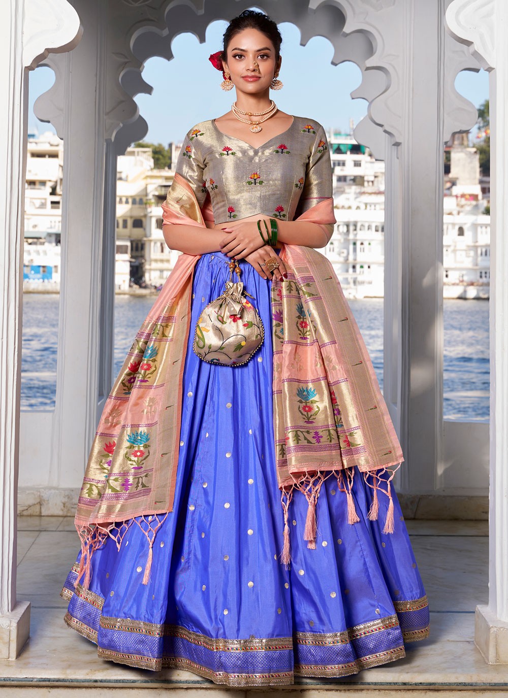 Lace Jacquard Silk Blue Lehenga - L3393