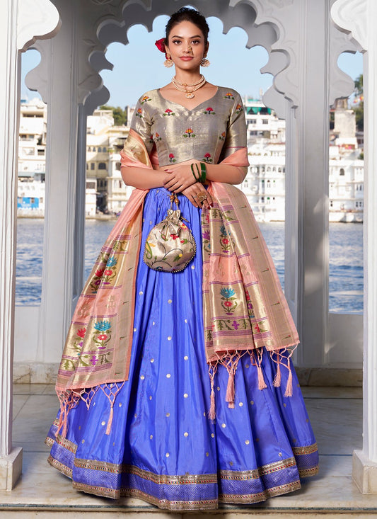 Lace Jacquard Silk Blue Lehenga - L3393