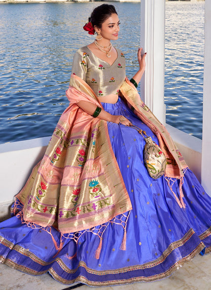 Lace Jacquard Silk Blue Lehenga - L3393