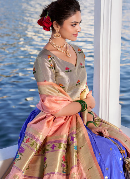 Lace Jacquard Silk Blue Lehenga - L3393