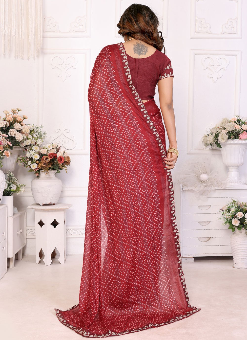 Bandhej Chiffon Maroon Trendy Saree S14953