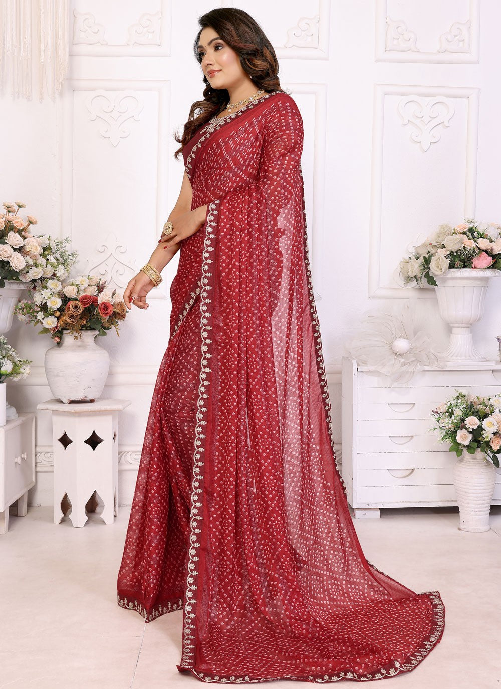 Bandhej Chiffon Maroon Trendy Saree S14953