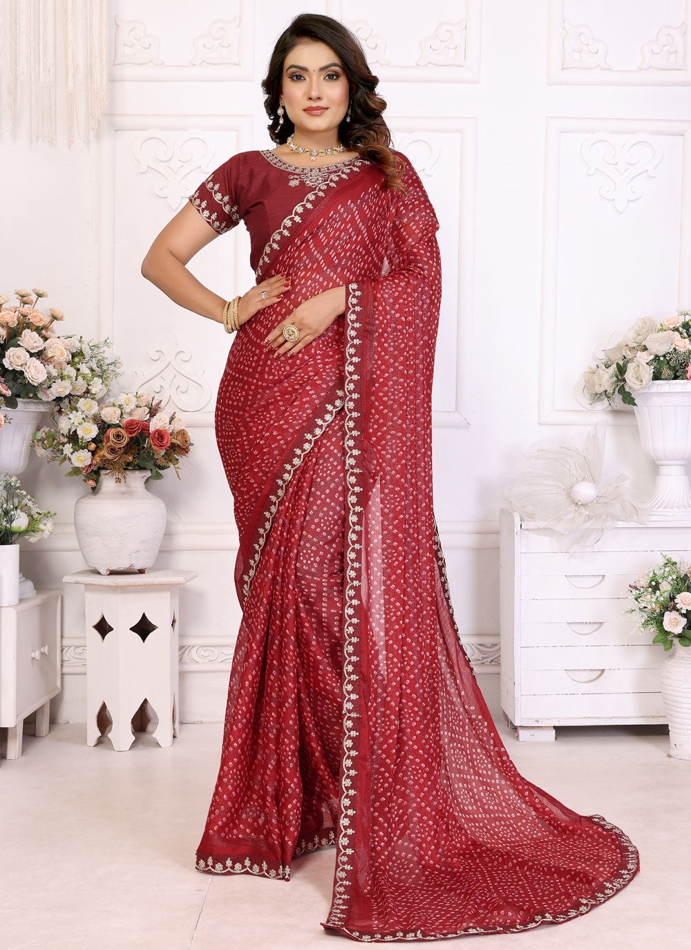 Bandhej Chiffon Maroon Trendy Saree S14953