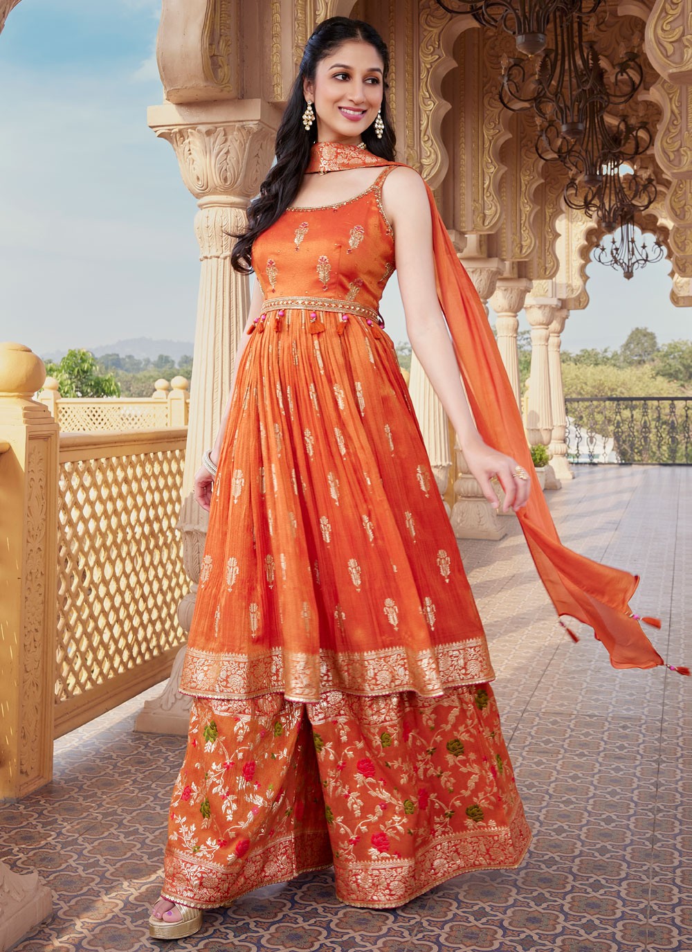 Anarkali Jacquard Work Orange Silk T5455