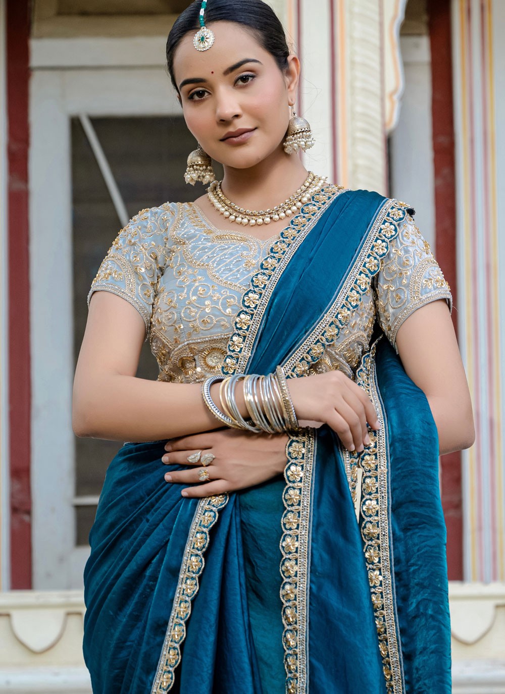 Morpeach Satin Classic Saree Cut Work, Hand Embroidery, Lace S15764