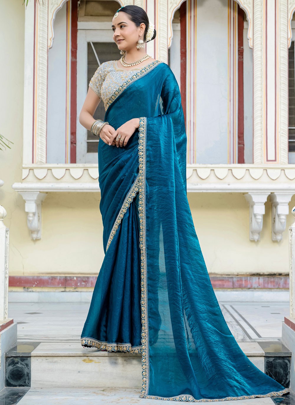 Morpeach Satin Classic Saree Cut Work, Hand Embroidery, Lace S15764