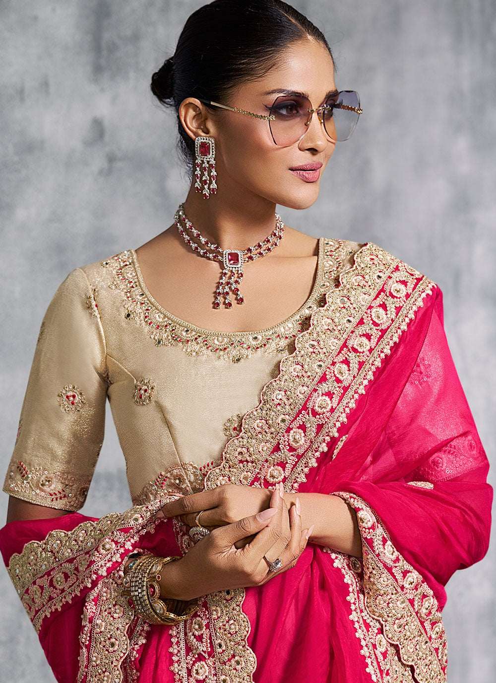 Pink Rangoli Contemporary Saree Embroidered, Lace S19890