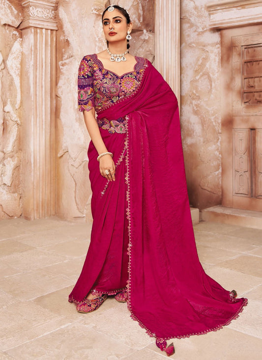 Pink Silk Contemporary Saree Embroidered, Lace S19937