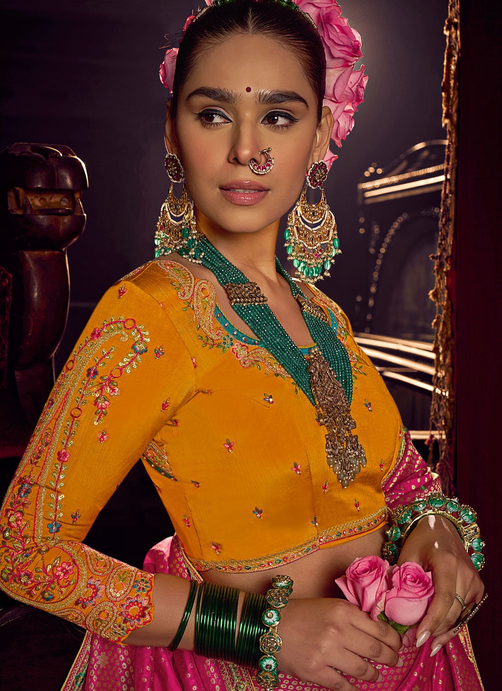 Hot Pink Pure Dola Classic Saree Embroidered, Jacquard Work, Lace, Zari S17425