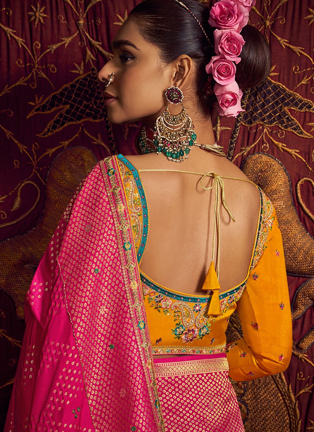 Hot Pink Pure Dola Classic Saree Embroidered, Jacquard Work, Lace, Zari S17425