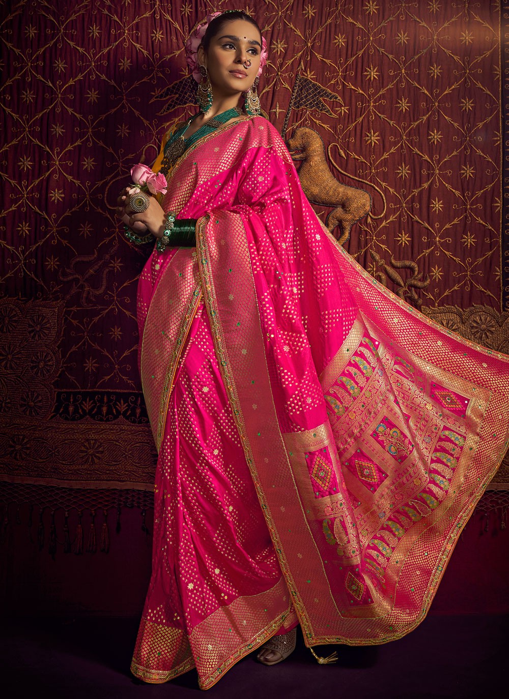 Hot Pink Pure Dola Classic Saree Embroidered, Jacquard Work, Lace, Zari S17425