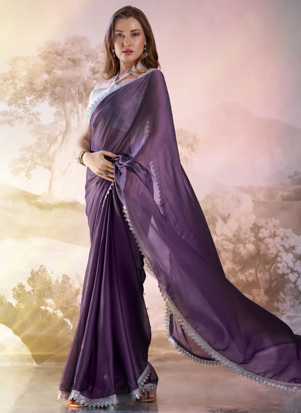 Traditional Border Work Purple Rangoli Saree S13524