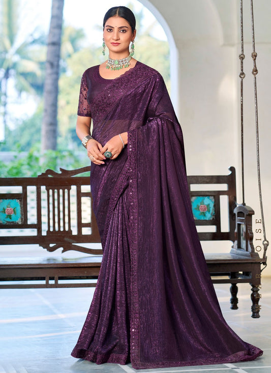 Purple Silk Trendy Saree Embroidered, Lace S20131