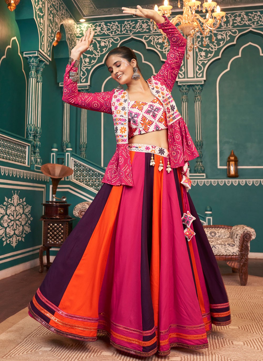 Foliage Prints Poly Silk Readymade Lehenga Choli - L2411
