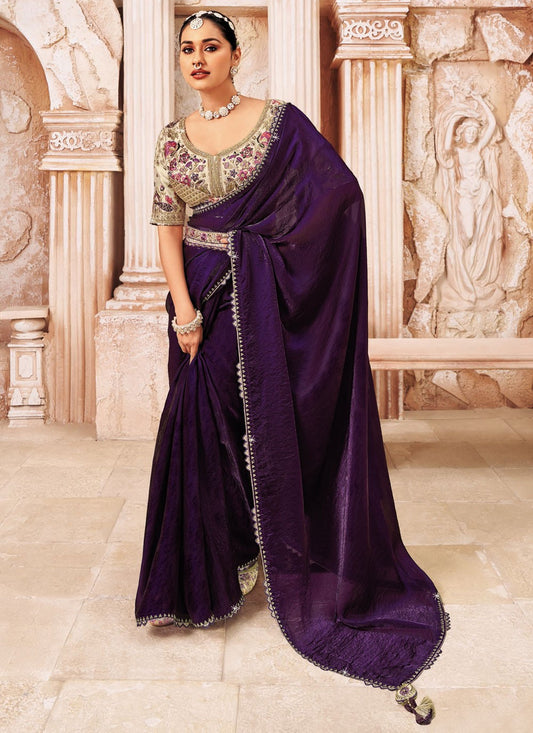 Purple Silk Saree Embroidered, Lace S19939