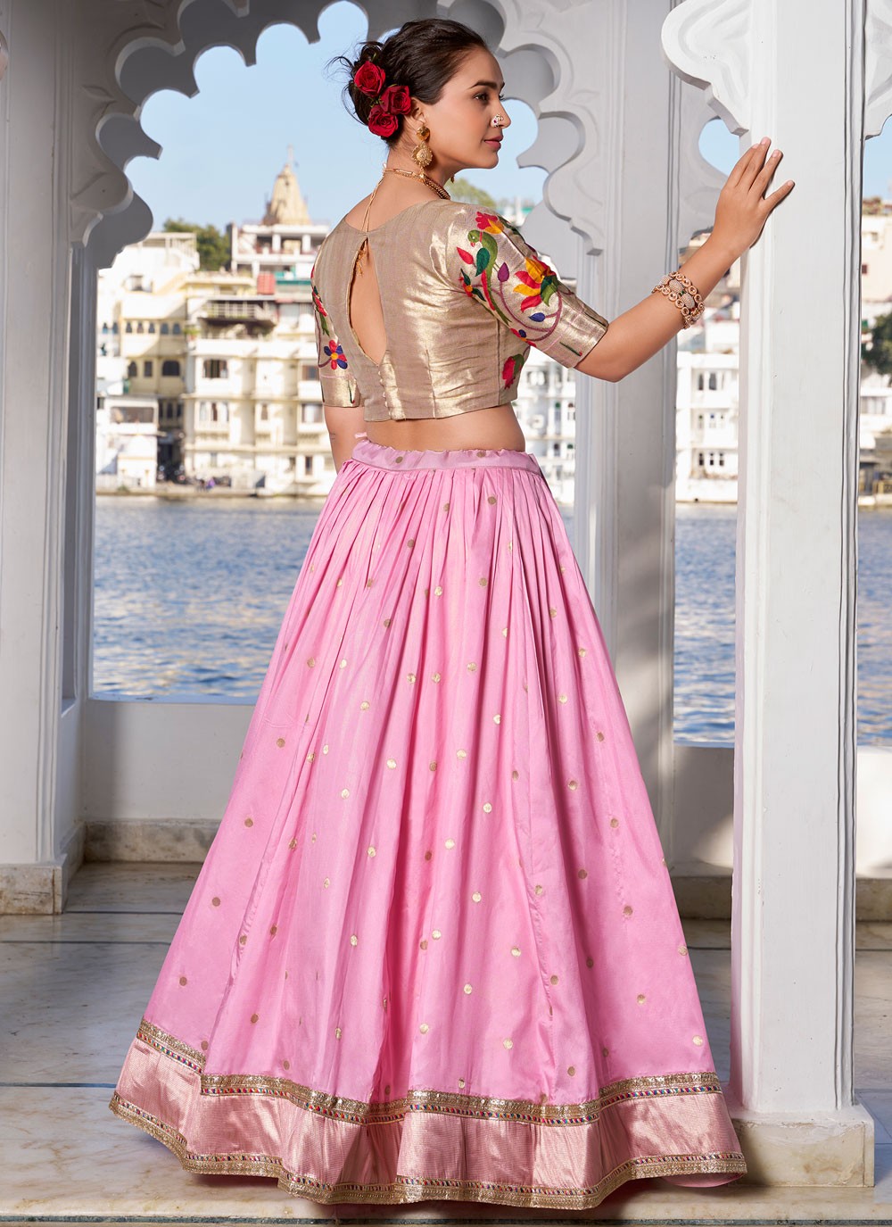 Lace Jacquard Silk Pink Lehenga - L3394