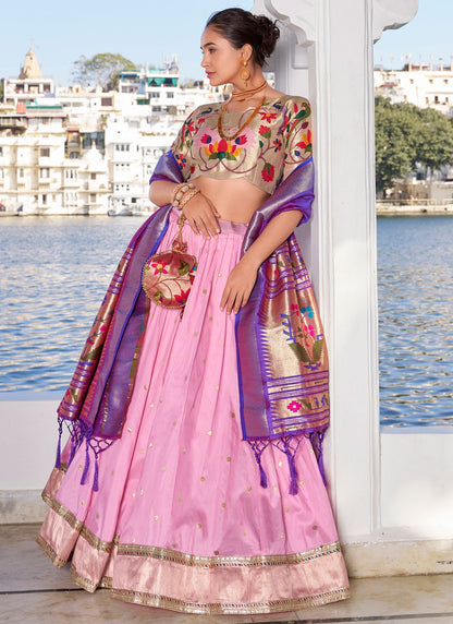 Lace Jacquard Silk Pink Lehenga - L3394