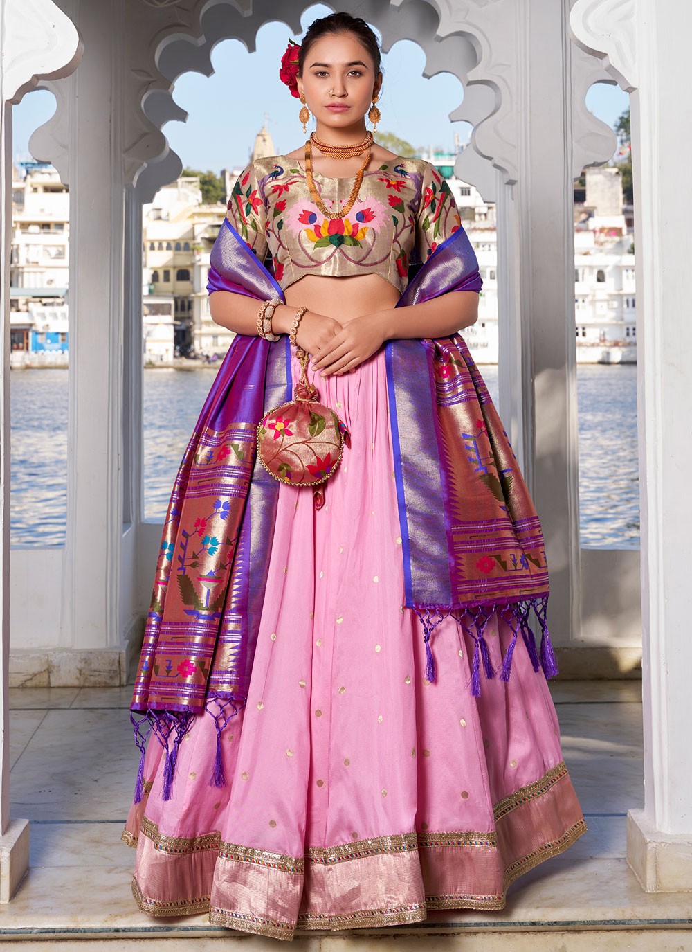 Lace Jacquard Silk Pink Lehenga - L3394