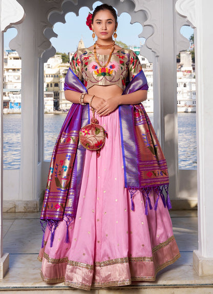 Lace Jacquard Silk Pink Lehenga - L3394