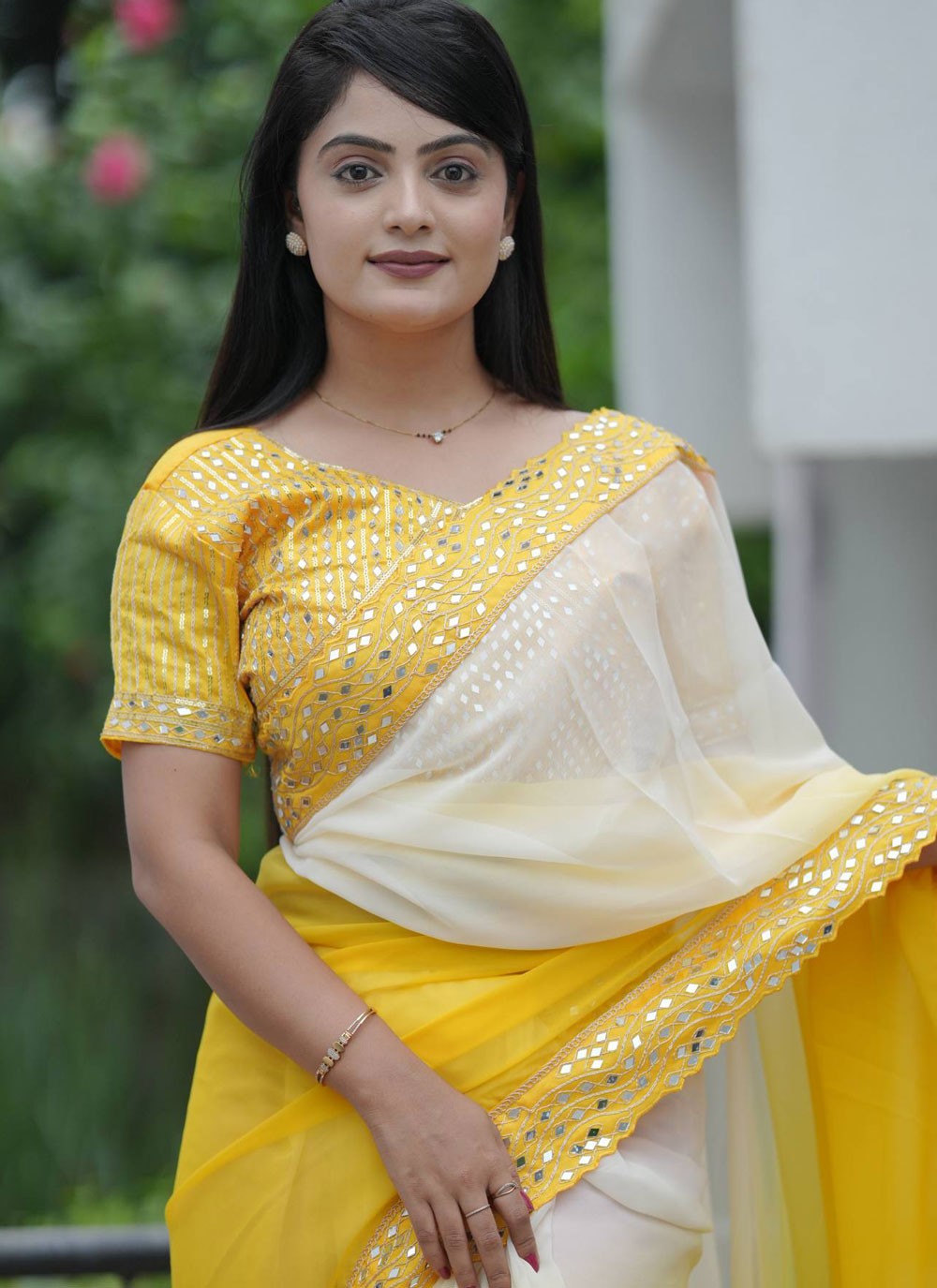 Yellow Faux Georgette Classic Saree Embroidered, Lace, Mirror S20462